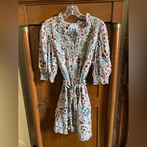 Olivia James fall floral mini dress with smocking and braided tassel belt Sz XL